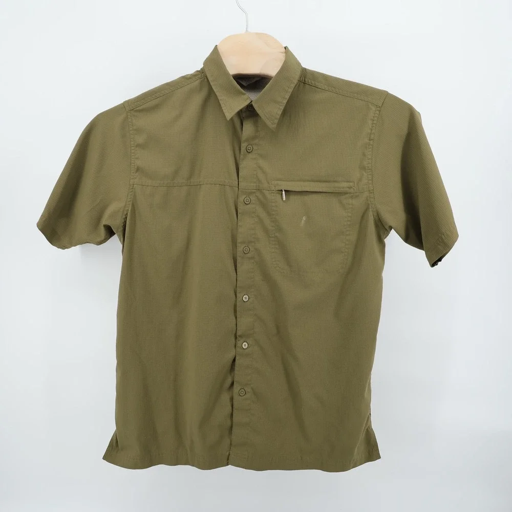 The North Face Olive Green Short Sleeve Button Up‎ Shirt Mens L Hiking FLAWS